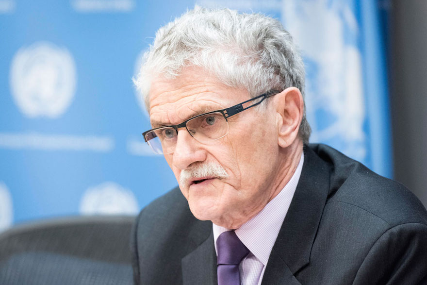 General Assembly President Mogens Lykketoft briefs journalists on the selection process for the next Secretary-General of the United Nations. UN Photo/Mark Garten