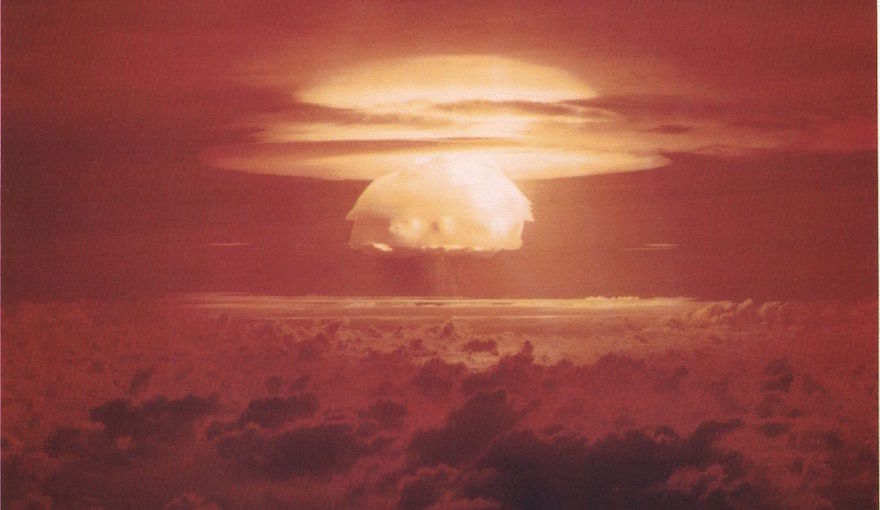 Nuclear weapon test Bravo (yield 15 Mt) on Bikini Atoll. The test was part of the Operation Castle. The Bravo event was an experimental thermonuclear device surface event. Credit: Wikimedia Commons.