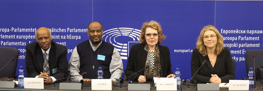Press conference at the European Parliament on Eritrea on March 10, 2016. Left to right: Kubrom Dafla Hosabay, Father Mussie Zerai, MEP Marie-Christine Vergiat (from the GUE/NGL group), Prof. Mirjam van Reisen. Credit: Florence Tornincasa (EEPA).