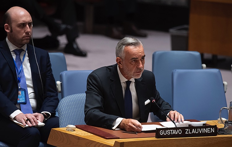 Photo: Gustavo Zlauvinen of Argentina, president-designate of the 2020 NPT Review Conference (meanwhile postponed to 20201), addresses the UN Security Council in February. Credit: Evan Schneider/UN).