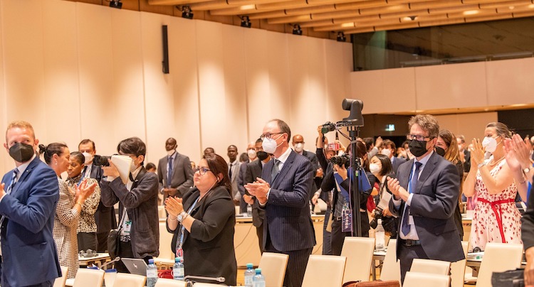 Photo: Applause after adoption of the political declaration and action plan as 1MSPTPNW ended on June 23 in Vienna. Credit: United Nations Vienna.