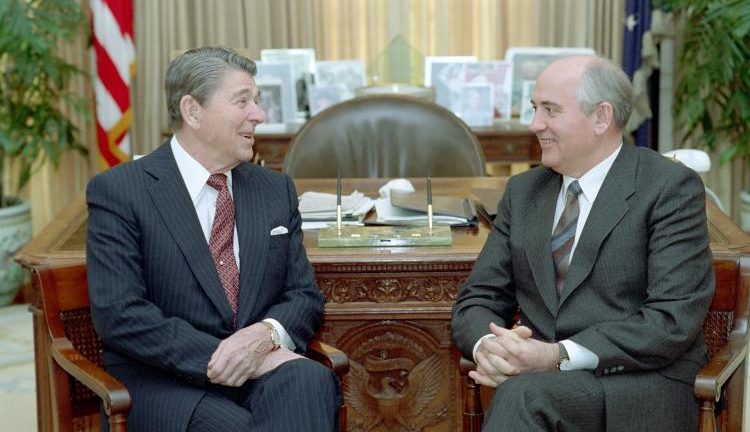 President Ronald Reagan Talks with Mikhail Gorbachev in The Oval Office During The Washington Summit, 12/9/1987 Wikimedia Commons.