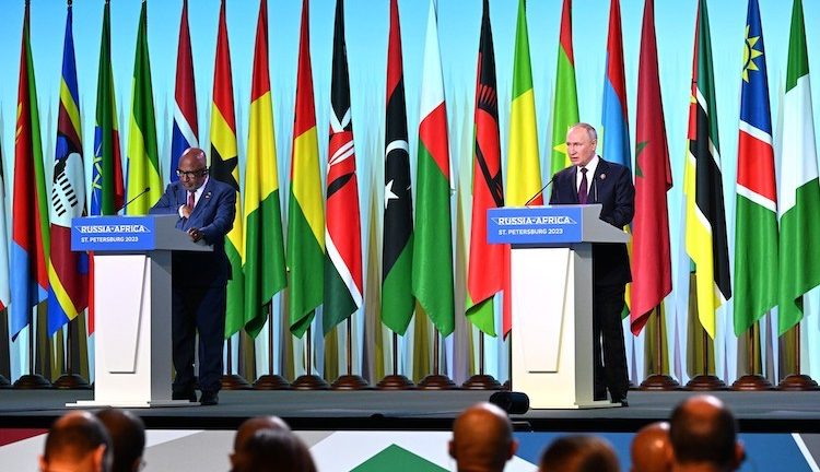 President Vladimir Putin and Chairperson of the African Union and President of the Union of the Comoros Azali Assoumani made statements for the media at the conclusion of Russia-Africa Summit. Photo: Pavel Bednyakov, RIA Novosti